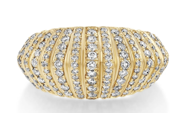 Lizzie Mandler’s 18K yellow gold XL Fluted Crescent Ring, fully pavéd with white diamonds.