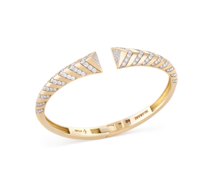 Falamank’s yellow gold Modern Bangle, set with diamonds.