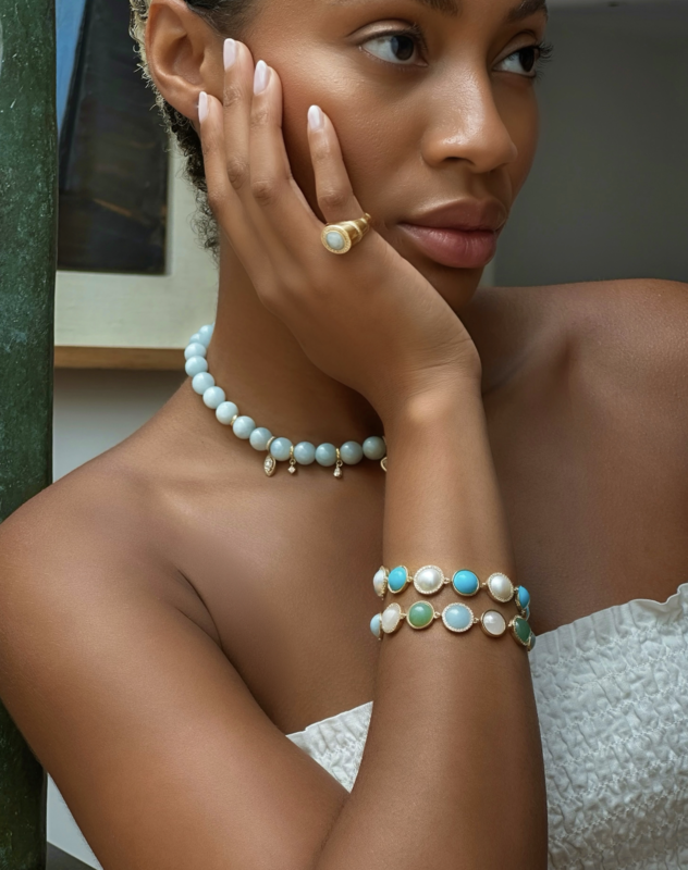 Nadine Aysoy Eclipse turquoise bead necklace with illusion charms and diamonds on model