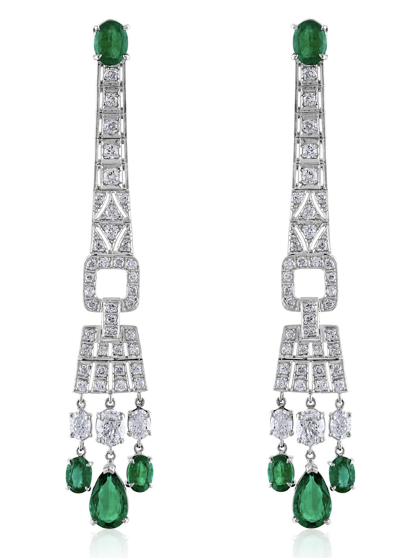 Mindi Mond: Art Deco inspired linear earrings with Zambian emeralds, oval diamonds and old European cut diamond set in platinum. 