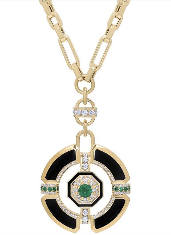State Property’s 18K gold Darro Enchantress Medallion Necklace with emeralds, diamonds and black enamel.