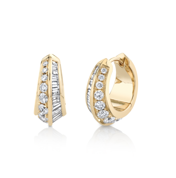 Lizzie Mandler: 18k yellow gold Crescent hoops with half pave white diamonds and half tapered white diamond baguettes.