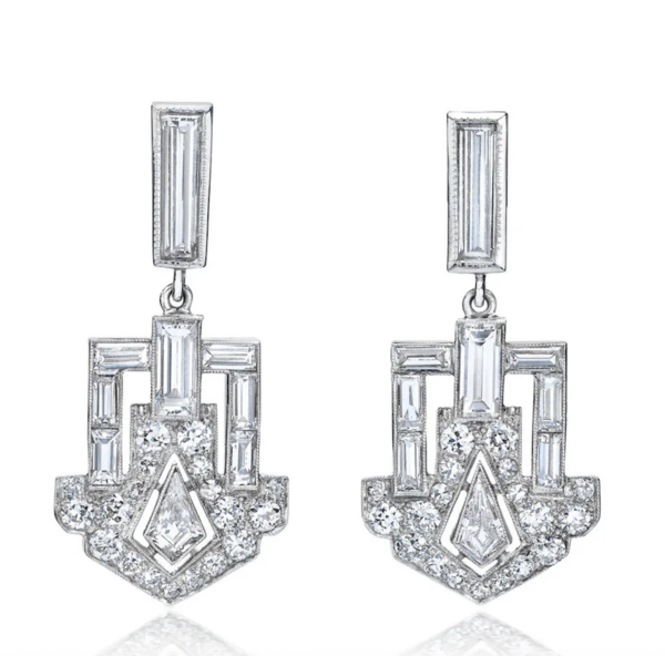  Mindi Mond’s platinum Dangling Deco Shield Earrings, featuring mixed-cut diamonds.