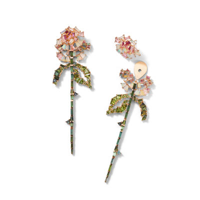 Rose and Stem Earrings set with green tourmaline, peach tourmaline, Ethiopian opal, rubellite and ruby set in 20K rose gold.