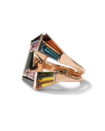 Double Fold Over Mosaic Ring set with  golden tourmaline, chrome tourmaline, emerald blue tourmaline, pink tourmaline set in 20K rose gold