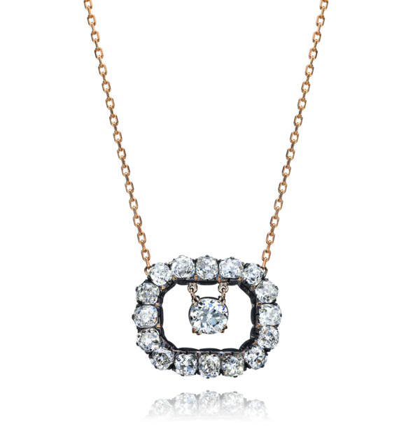 Mindi Mond: old cut diamonds in blackened silver backed in rose gold on a rose gold chain