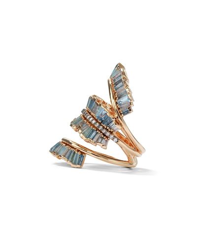 Triple Ruched Ribbon Ring set with aquamarine, blue moonstone, blue Peruvian opal and diamond set in 20K rose gold. 